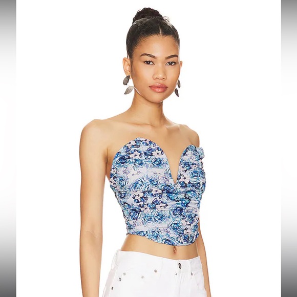 Revolve Ruched Corset Bodice Top in Blue Floral - Picture 5 of 6
